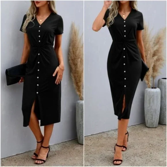 Casual Black Button up Short Sleeve Midi Dress